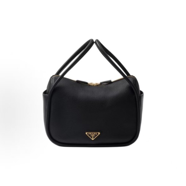 PRADA Enamel metal triangular logo zipper closed handbag for women in black